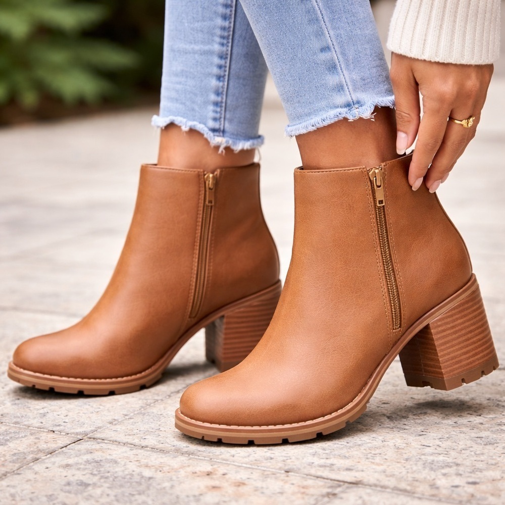 Korks Chandler Tan Block Heel Ankle Boots | Lug Sole | Side Zipper Sz 9